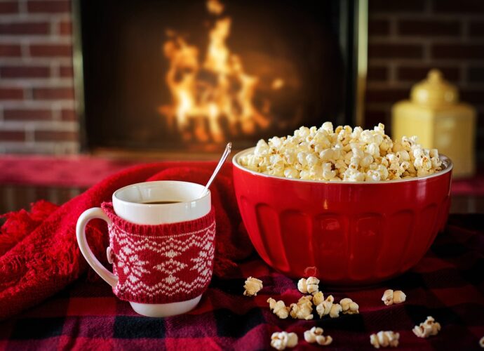 warm and cozy, popcorn, coffee